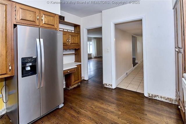 4302 Virginia Ave, Charleston, WV 25304 - kitchen featuring stainless steel refrigerator with ice dispenser, open shelves, and dark wood-style floors