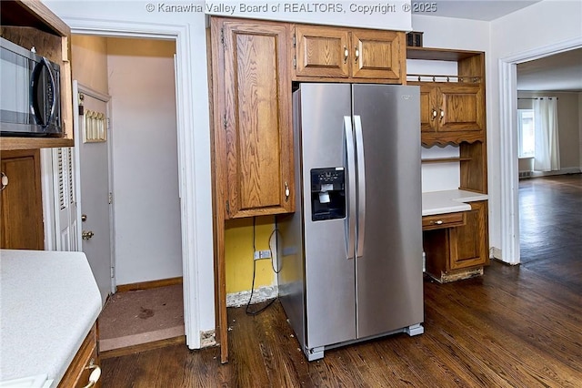 4302 Virginia Ave, Charleston, WV 25304 - kitchen featuring stainless steel refrigerator with ice dispenser, open shelves, black microwave, and dark wood finished floors