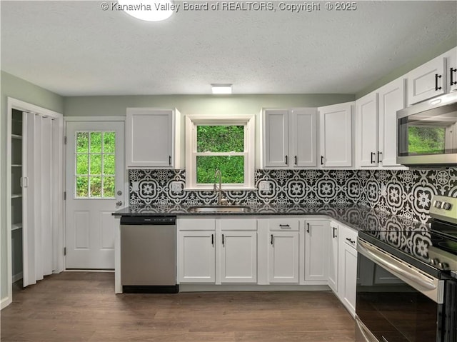 1255 Park Ave, Charleston, WV 25302 - kitchen featuring stainless steel appliances, a sink, dark countertops, tasteful backsplash, and dark wood-style flooring