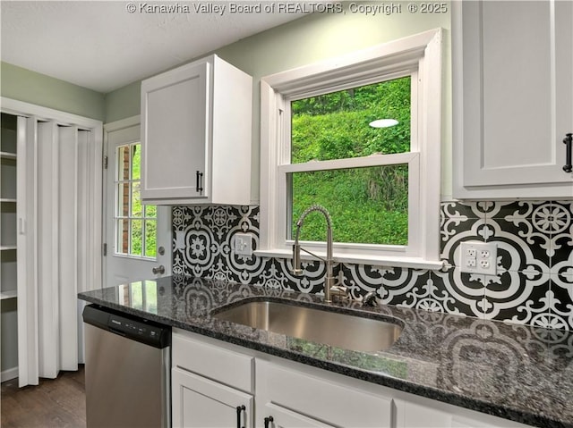 1255 Park Ave, Charleston, WV 25302 - kitchen featuring dishwasher, a sink, decorative backsplash, and white cabinetry