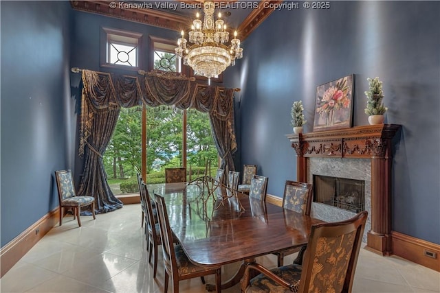 230 Quarry Rdg E, Charleston, WV 25304 - dining room with a chandelier, tile patterned floors, plenty of natural light, a premium fireplace, and ornamental molding