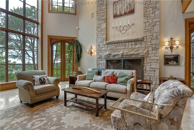 230 Quarry Rdg E, Charleston, WV 25304 - living area with a high ceiling, plenty of natural light, and a stone fireplace