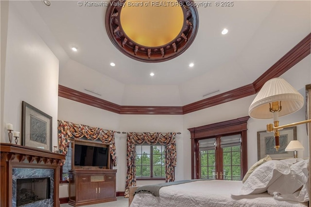 230 Quarry Rdg E, Charleston, WV 25304 - bedroom with a towering ceiling, a premium fireplace, and recessed lighting