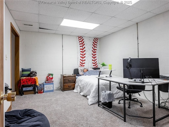 123 Brooke St, Culloden, WV 25510 - bedroom with carpet, a paneled ceiling, concrete block wall, and an office area