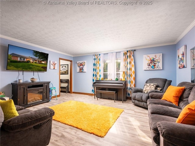 123 Brooke St, Culloden, WV 25510 - living room featuring wood finished floors, crown molding, a textured ceiling, and baseboards