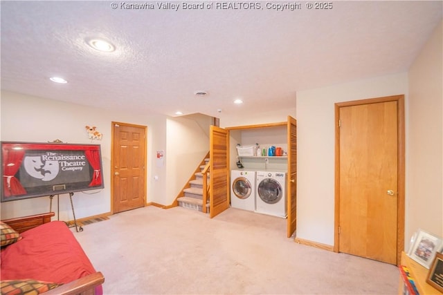 868 Alta Rd, Charleston, WV 25314 - laundry room featuring washer and dryer, carpet, baseboards, recessed lighting, and a textured ceiling