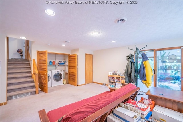 868 Alta Rd, Charleston, WV 25314 - playroom with washer and clothes dryer, carpet floors, recessed lighting, a textured ceiling, and baseboards