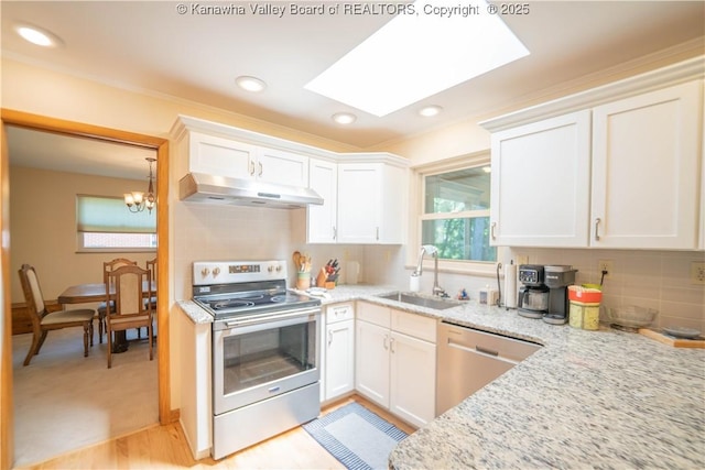 868 Alta Rd, Charleston, WV 25314 - kitchen with stainless steel appliances, under cabinet range hood, a sink, a skylight, and white cabinets