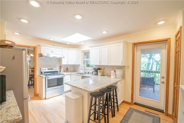 868 Alta Rd, Charleston, WV 25314 - kitchen with appliances with stainless steel finishes, under cabinet range hood, a skylight, a peninsula, and light wood-style flooring