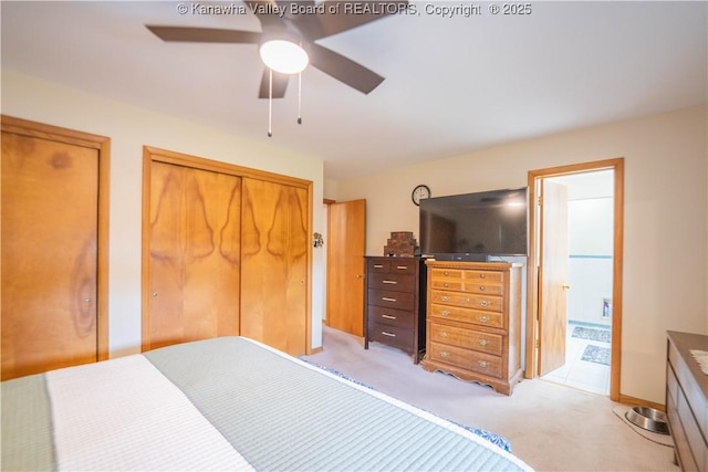 868 Alta Rd, Charleston, WV 25314 - bedroom with light colored carpet, connected bathroom, and ceiling fan