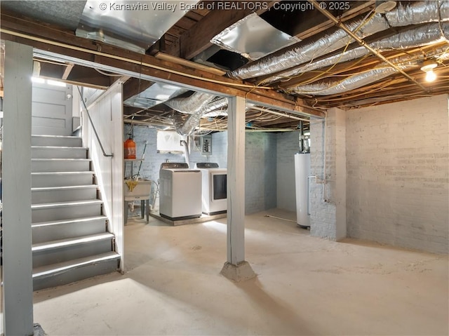2116 21st St, Nitro, WV 25143 - unfinished below grade area featuring washer and dryer, water heater, stairs, electric panel, and a sink