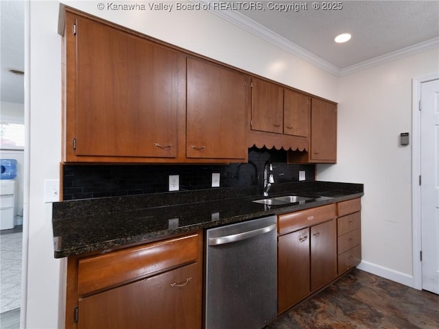 1911 Washington Ave, Saint Albans, WV 25177 - kitchen with dishwasher, a sink, backsplash, ornamental molding, and baseboards