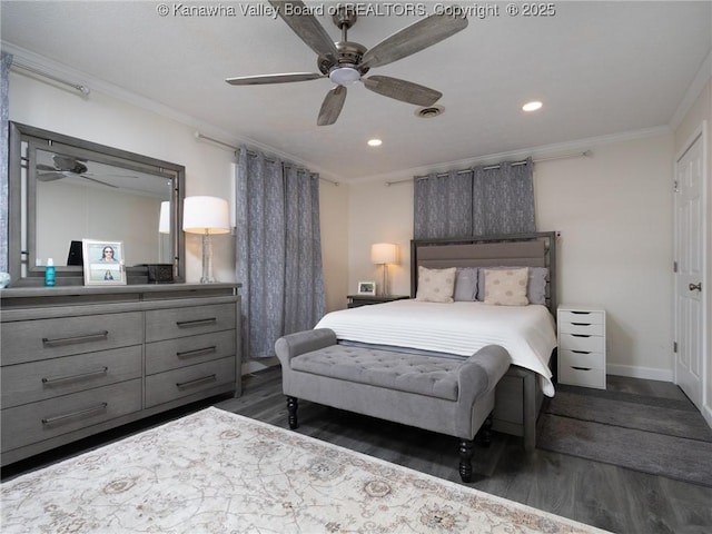 1911 Washington Ave, Saint Albans, WV 25177 - bedroom with wood finished floors, crown molding, recessed lighting, a ceiling fan, and baseboards