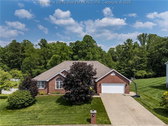 90 Brooke St, Culloden, WV 25510 - view of front of home featuring brick siding, an attached garage, a front lawn, and concrete driveway