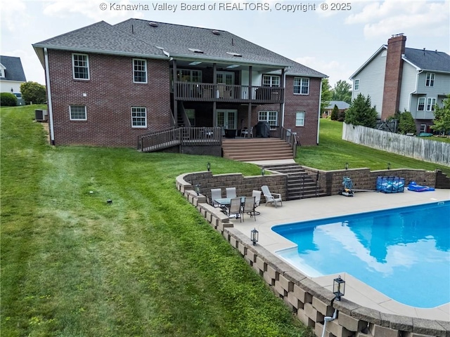 90 Brooke St, Culloden, WV 25510 - rear view of property with stairway, a patio area, a deck, brick siding, and central air condition unit