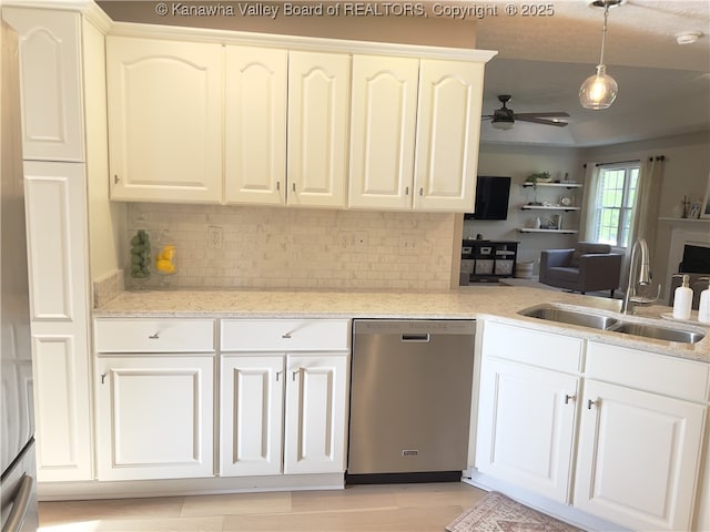 90 Brooke St, Culloden, WV 25510 - kitchen with dishwasher, a sink, a ceiling fan, decorative backsplash, and open floor plan