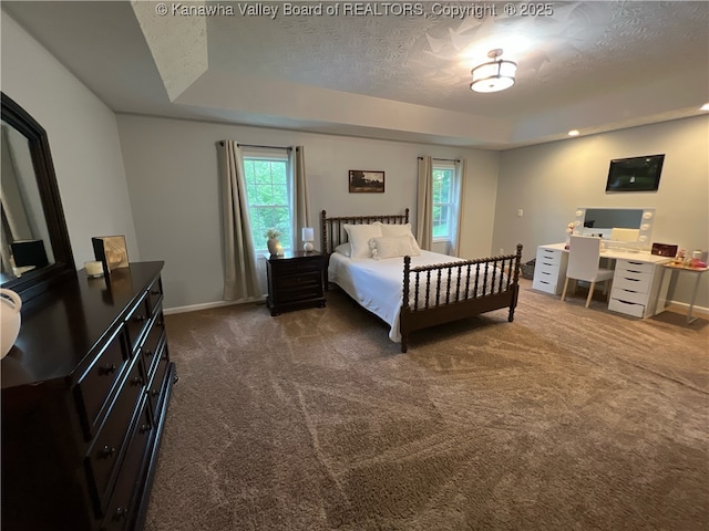 90 Brooke St, Culloden, WV 25510 - bedroom with a raised ceiling, dark carpet, baseboards, an office area, and a textured ceiling