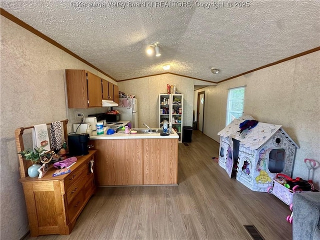80 Restful Haven Dr, Logan, WV 25601 - kitchen with crown molding, a peninsula, light wood-type flooring, a textured ceiling, and brown cabinets