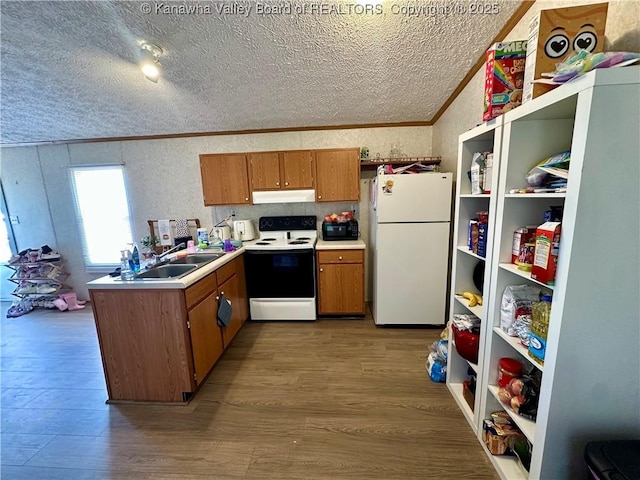 80 Restful Haven Dr, Logan, WV 25601 - kitchen featuring white appliances, under cabinet range hood, a textured ceiling, ornamental molding, and a sink
