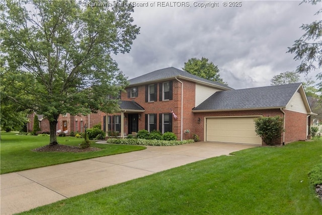 112 Willowood Cir, Hurricane, WV 25526 - colonial inspired home featuring brick siding, a garage, a front lawn, and driveway