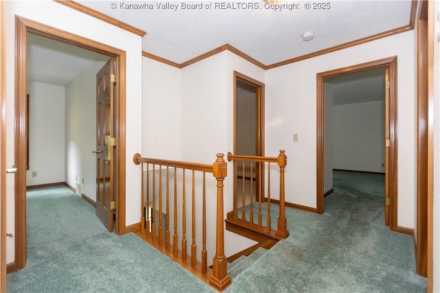 112 Willowood Cir, Hurricane, WV 25526 - hall with carpet flooring, an upstairs landing, crown molding, and baseboards
