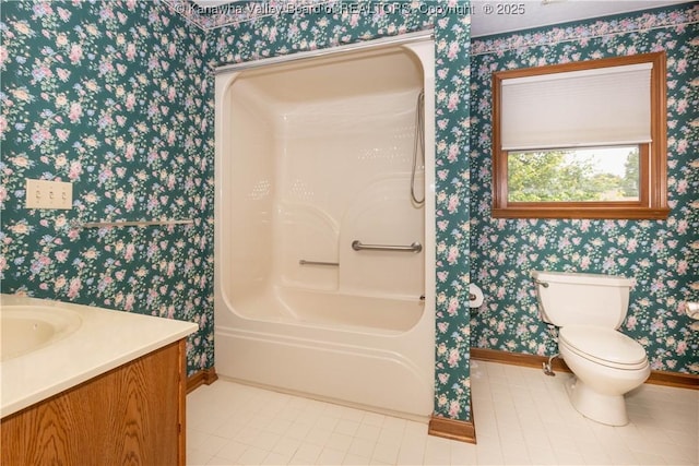 112 Willowood Cir, Hurricane, WV 25526 - bathroom featuring wallpapered walls, baseboards, vanity, tile patterned flooring, and bathing tub / shower combination