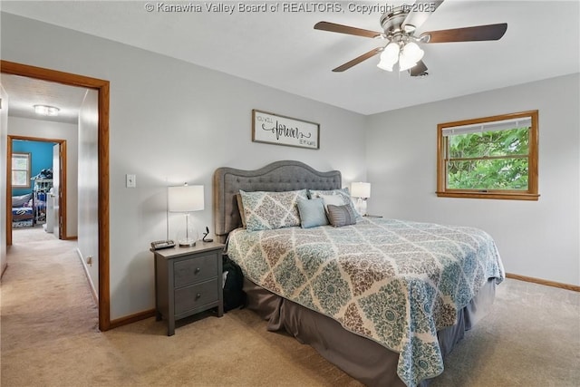 3021 Sansom Ct, Milton, WV 25541 - bedroom with light carpet, baseboards, and ceiling fan
