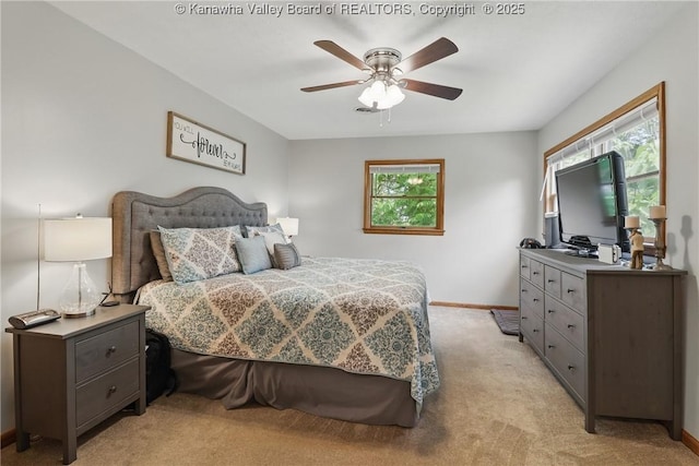 3021 Sansom Ct, Milton, WV 25541 - bedroom featuring multiple windows, light carpet, baseboards, and ceiling fan