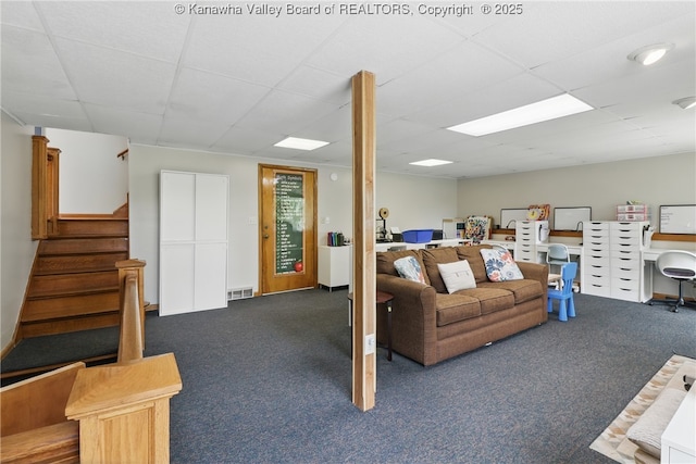 3021 Sansom Ct, Milton, WV 25541 - living area featuring carpet flooring, a drop ceiling, stairs, and an office area
