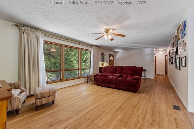 424 Porter Rd, Charleston, WV 25314 - living room with light wood finished floors, a textured ceiling, ceiling fan, and baseboards