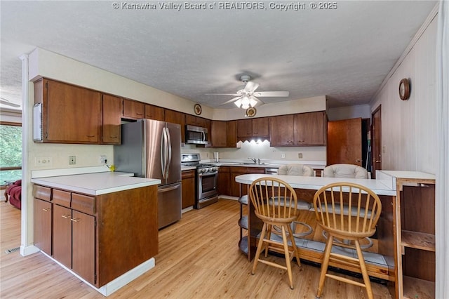 424 Porter Rd, Charleston, WV 25314 - kitchen featuring appliances with stainless steel finishes, light wood-style floors, a sink, ceiling fan, and a textured ceiling