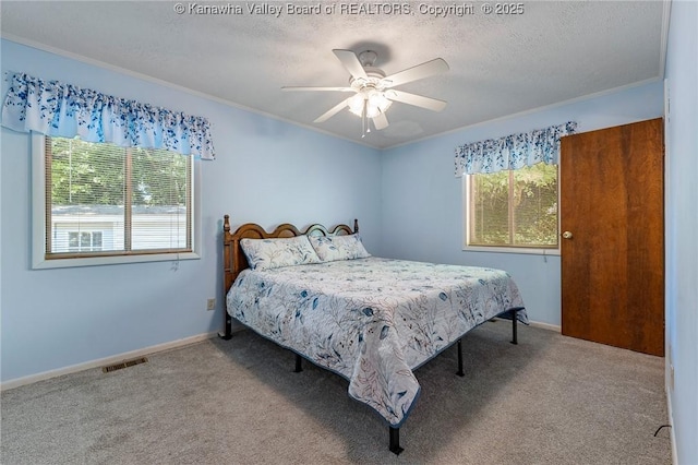 424 Porter Rd, Charleston, WV 25314 - bedroom featuring ornamental molding, carpet floors, a textured ceiling, baseboards, and ceiling fan