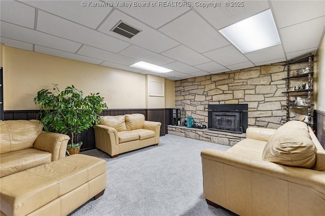 424 Porter Rd, Charleston, WV 25314 - carpeted living room featuring a wainscoted wall, a fireplace, and a paneled ceiling