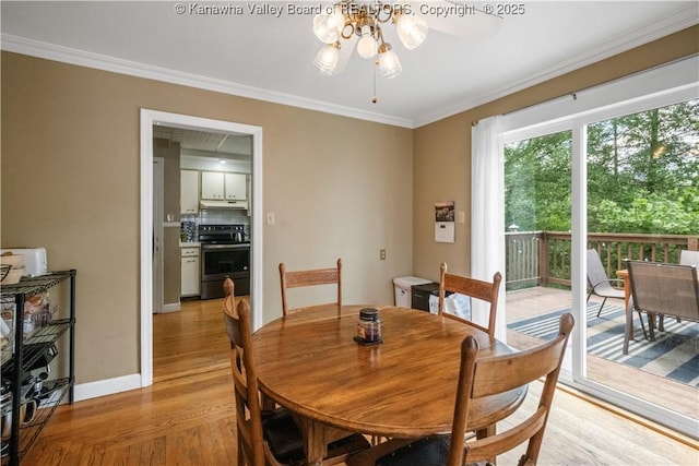 1539 Clark Rd, Charleston, WV 25314 - dining space featuring light wood-style floors, crown molding, baseboards, and a ceiling fan