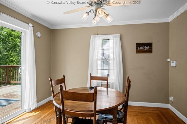 1539 Clark Rd, Charleston, WV 25314 - dining room with a ceiling fan, baseboards, and ornamental molding