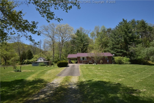 6 Coast Run Rd, Sandyville, WV 25275 - view of front of house with driveway, a view of trees, and a front lawn
