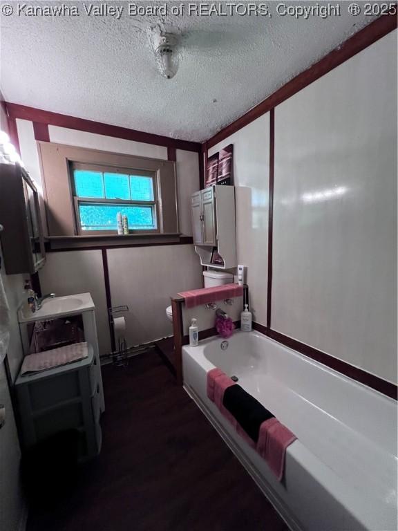 160 Davis St, Huntington, WV 25705 - full bathroom featuring toilet, a bath, a textured ceiling, a sink, and wood finished floors
