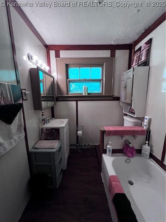 160 Davis St, Huntington, WV 25705 - bathroom with a textured ceiling, a garden tub, a sink, and wood finished floors