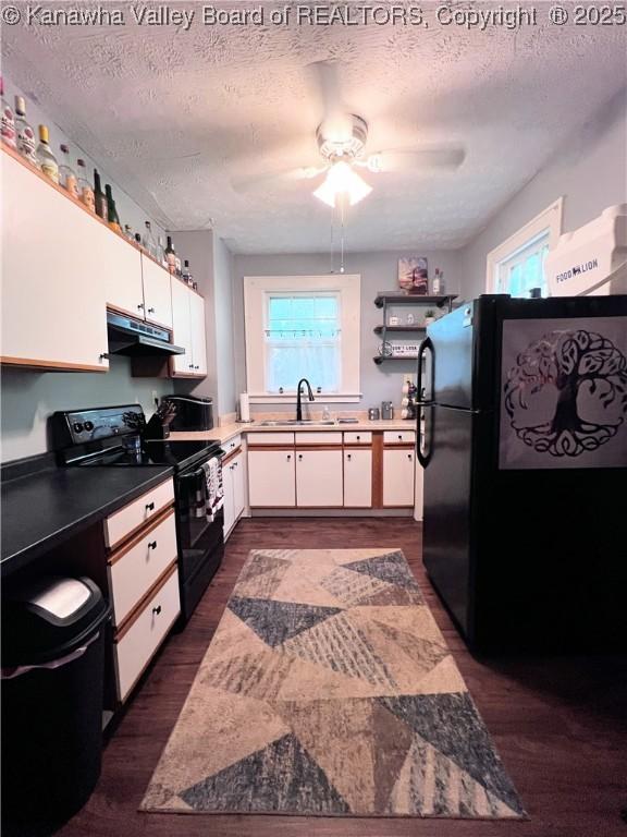 160 Davis St, Huntington, WV 25705 - kitchen with black appliances, a sink, under cabinet range hood, white cabinetry, and a textured ceiling