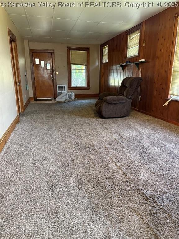1123 Beech Ave, Charleston, WV 25312 - sitting room with baseboards, wood walls, and carpet floors