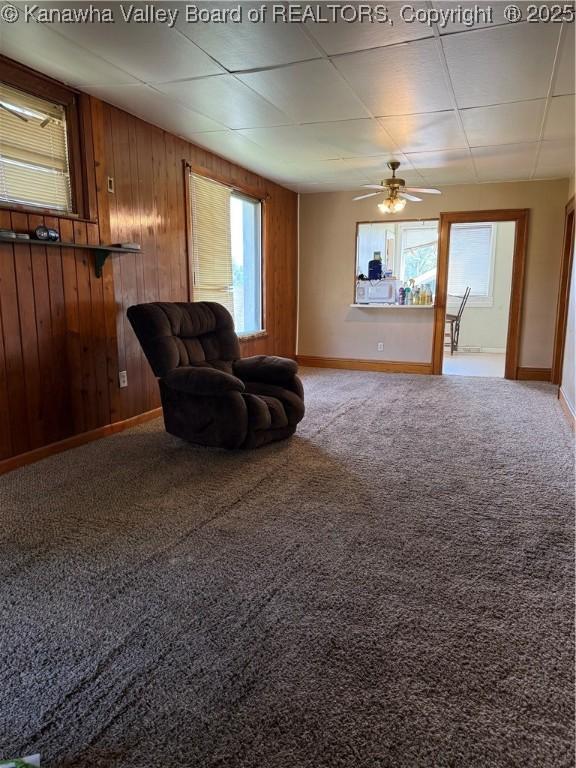 1123 Beech Ave, Charleston, WV 25312 - living room with wood walls, plenty of natural light, baseboards, and carpet flooring