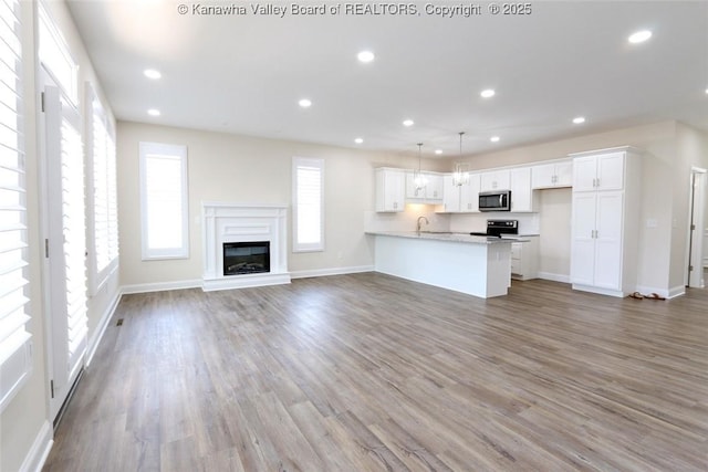 4210 Fairway Xing, South Charleston, WV 25309 - unfurnished living room with wood finished floors, baseboards, recessed lighting, a sink, and a glass covered fireplace