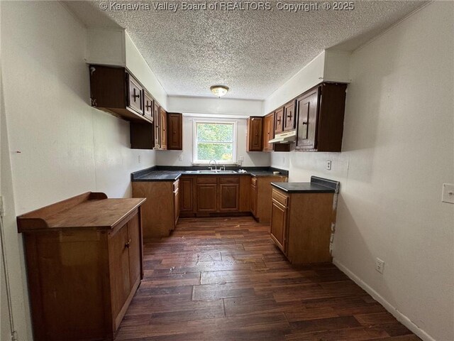 2608 Procious Maysel Rd, Wv, WV 25133 - kitchen featuring under cabinet range hood, dark wood-style flooring, dark countertops, a textured ceiling, and a sink