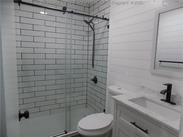 1004 E Riverview Dr, Belle, WV 25015 - bathroom featuring a stall shower, vanity, and wood walls
