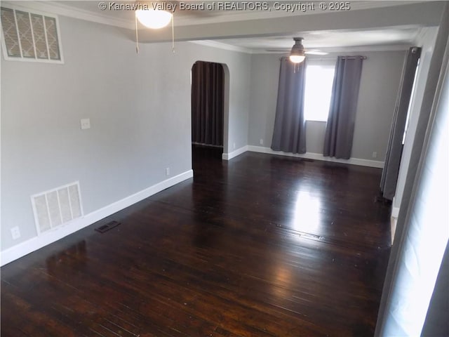 1004 E Riverview Dr, Belle, WV 25015 - spare room featuring a ceiling fan, hardwood / wood-style floors, arched walkways, and ornamental molding