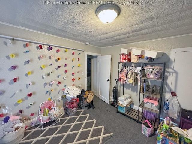 547 Garrison Ave, Charleston, WV 25302 - playroom with carpet, a textured ceiling, baseboards, and crown molding