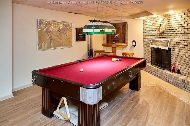124 Morningside Dr, Elkview, WV 25071 - recreation room featuring wood finished floors, a fireplace, billiards table, and a paneled ceiling
