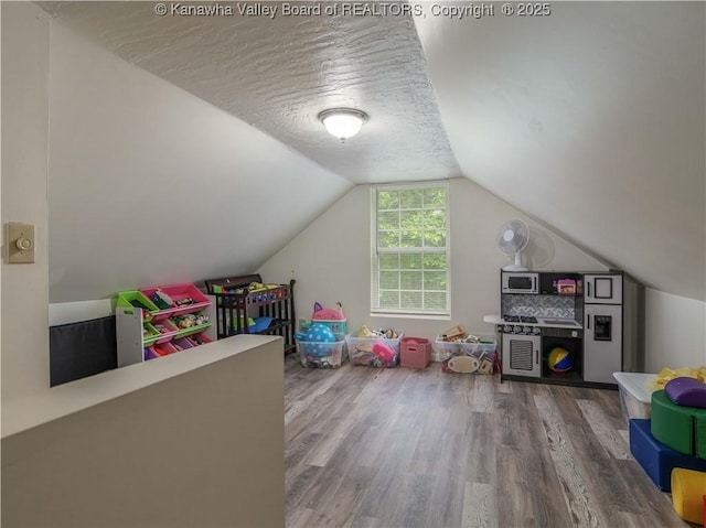 3742 Greenview Rd, South Charleston, WV 25309 - recreation room with wood finished floors, lofted ceiling, and a textured ceiling