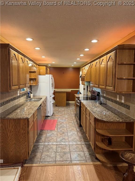 194 Shawnee Ests, Winfield, WV 25213 - kitchen featuring open shelves, stainless steel appliances, dark stone counters, recessed lighting, and brown cabinets