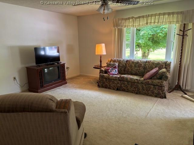 3202 Wallback Rd, Wallback, WV 25285 - carpeted living room featuring a ceiling fan and baseboards